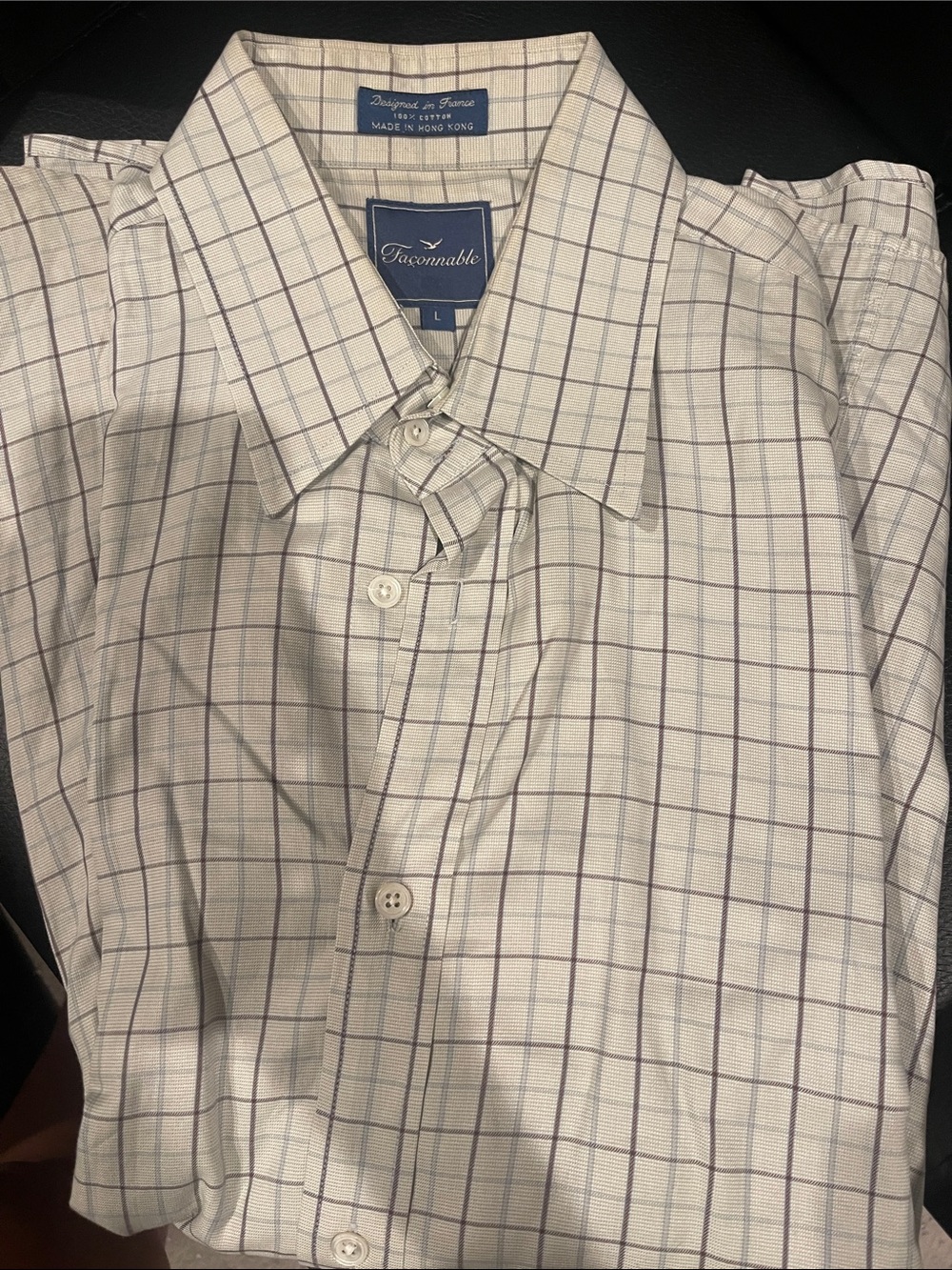 Faconnable Men’s White Shirt with Navy Windowpane Check